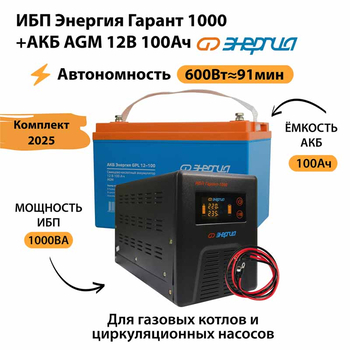 ИБП для котла Энергия Гарант 1000 + Аккумулятор 100 Ач 12 В (600Вт - 91мин) - ИБП и АКБ - ИБП для котлов - Магазин стабилизаторов напряжения Ток-Про
