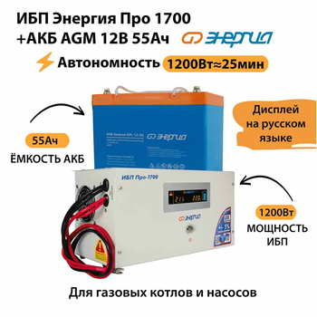 ИБП для котла Энергия Про 1700 + Аккумулятор 55 Ач 12 В (1200Вт - 25мин) - ИБП и АКБ - ИБП для котлов - Магазин стабилизаторов напряжения Ток-Про