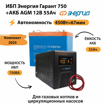 ИБП для котла Энергия Гарант 750 + Аккумулятор 55 Ач 12 В (450Вт - 67мин) - ИБП и АКБ - ИБП для котлов - Магазин стабилизаторов напряжения Ток-Про